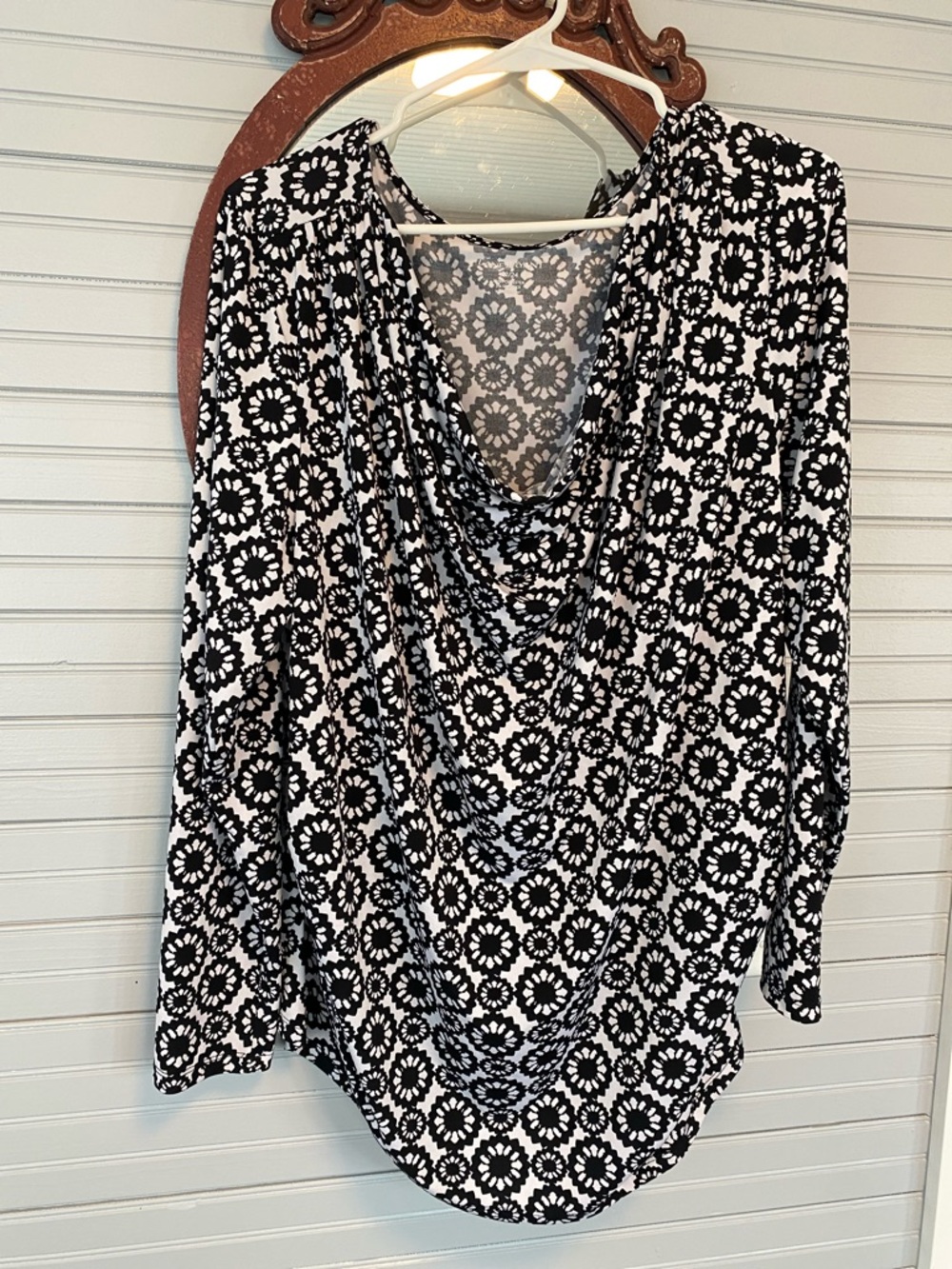Black & White Floral Geometric Draped Neck Blouse
